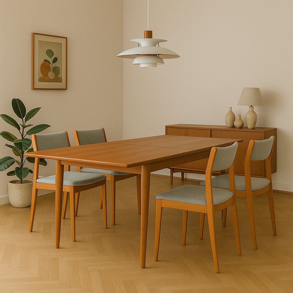 Mid-century Danish teak dining table and chairs with tiered pendant light
