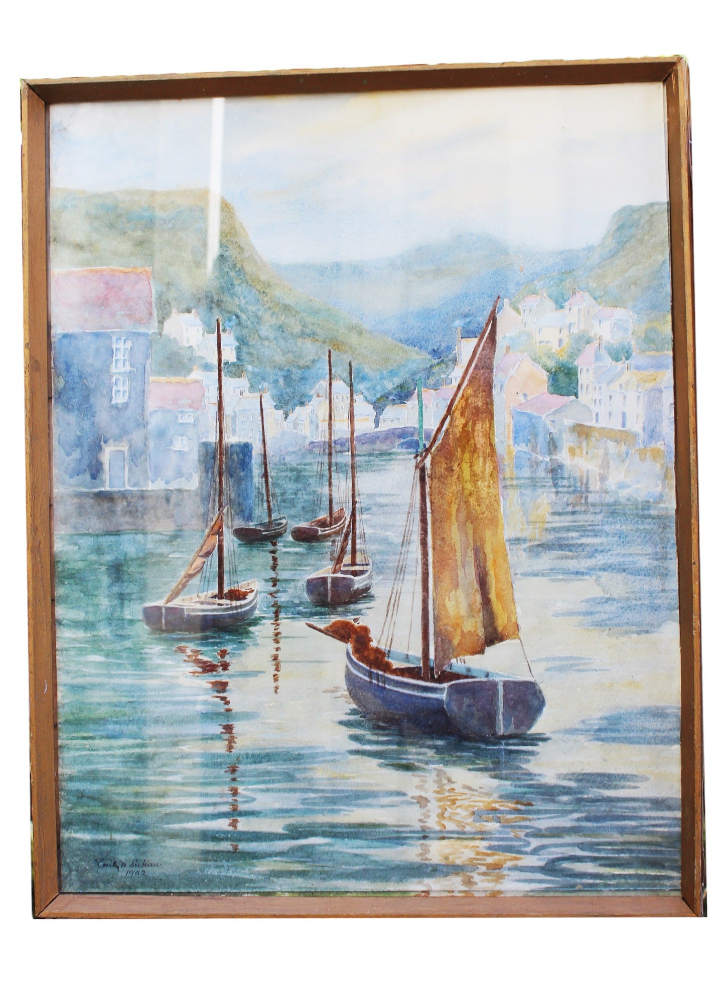 Watercolour of French Lake with Boats and Cottages 1950s