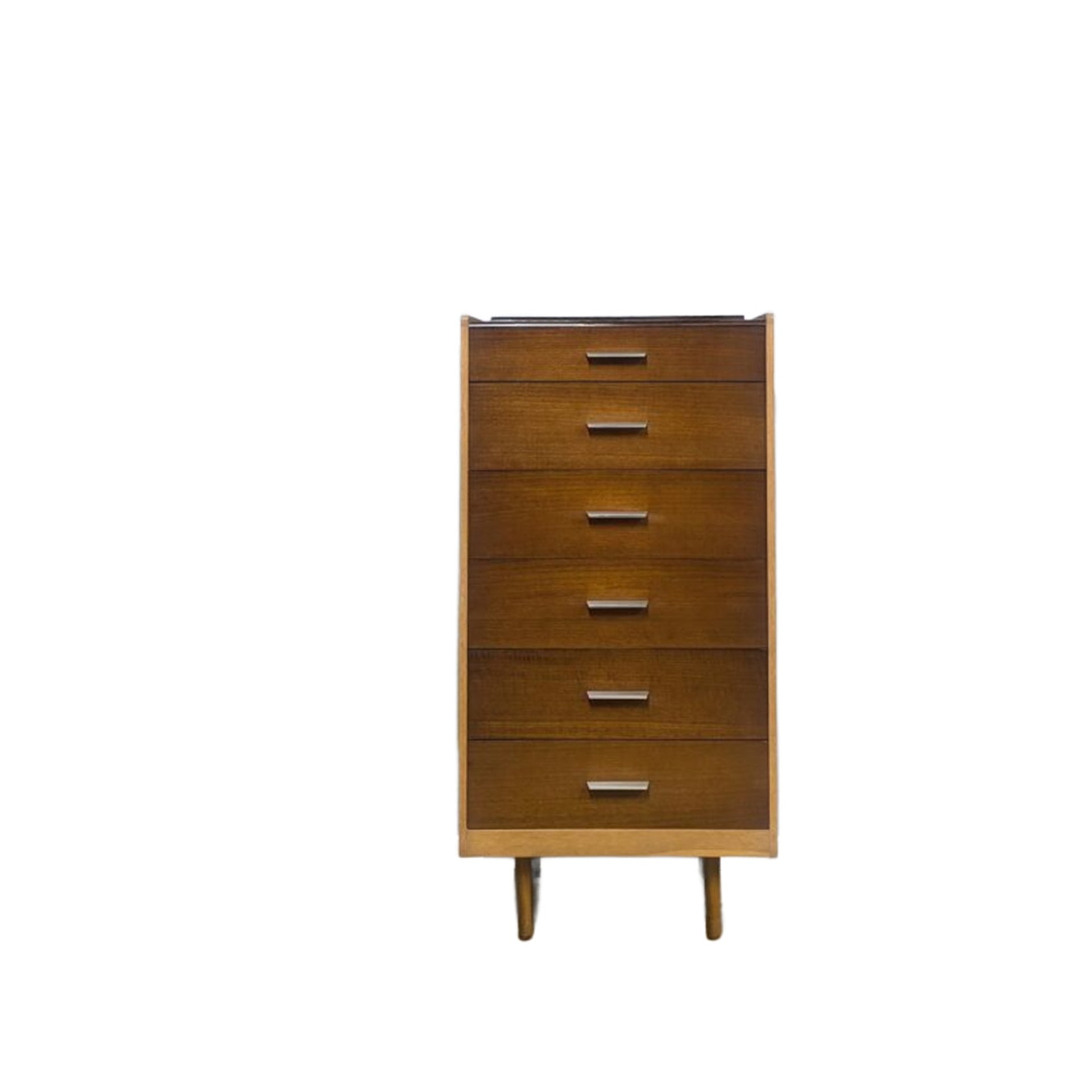 Maple Stag Teak and Beech Tall boy with multiple drawers on a white background