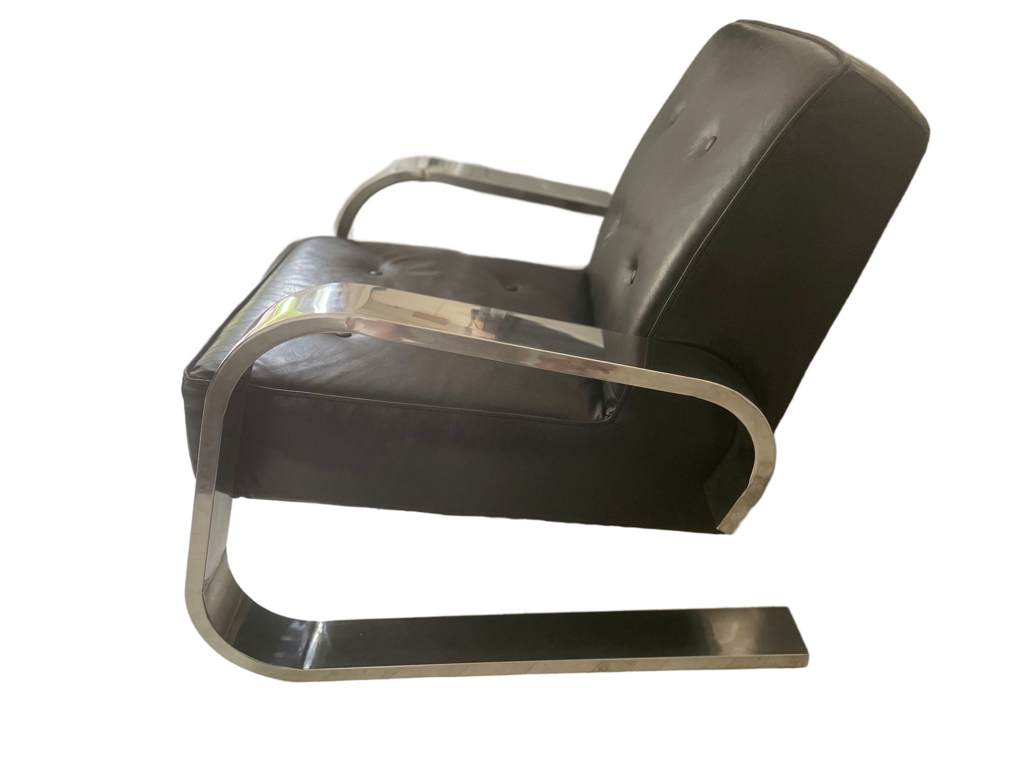 vintage alvor aalto inspired mid century Modern chair with black leather seat and backrest on a white background
