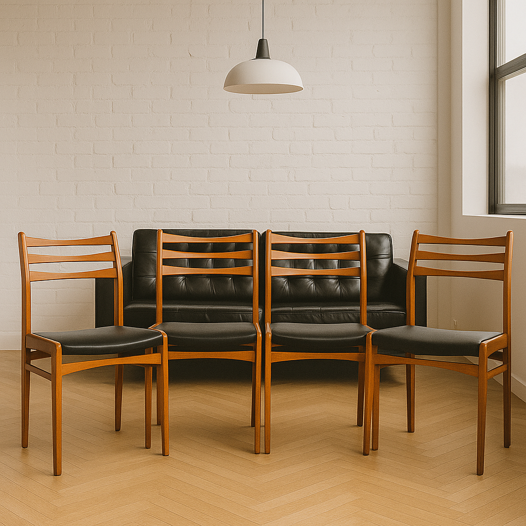 Vintage mid-century modern teak chairs with ladder-back design