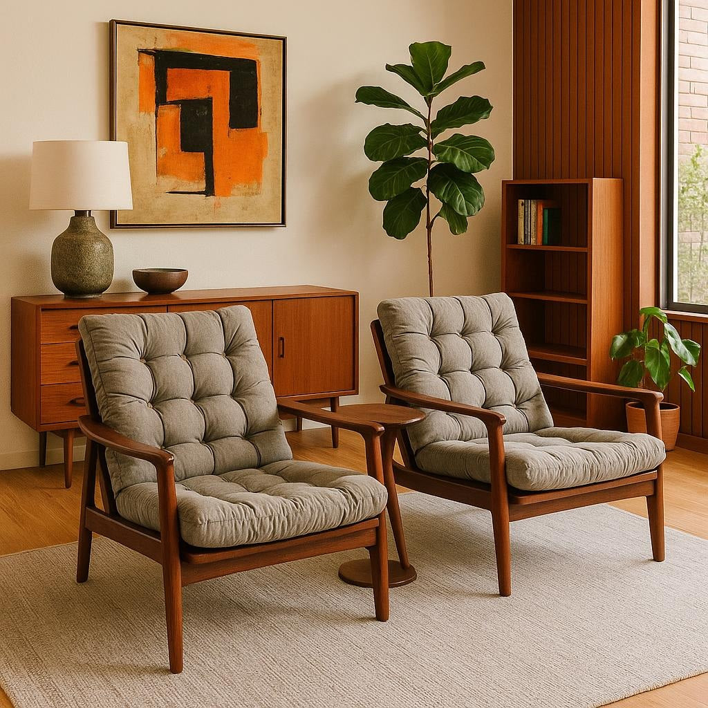 Pair of mid-century modern R.W. Toothill lounge chairs with tufted grey cushions and curved teak frames in a vintage-inspired living room setting