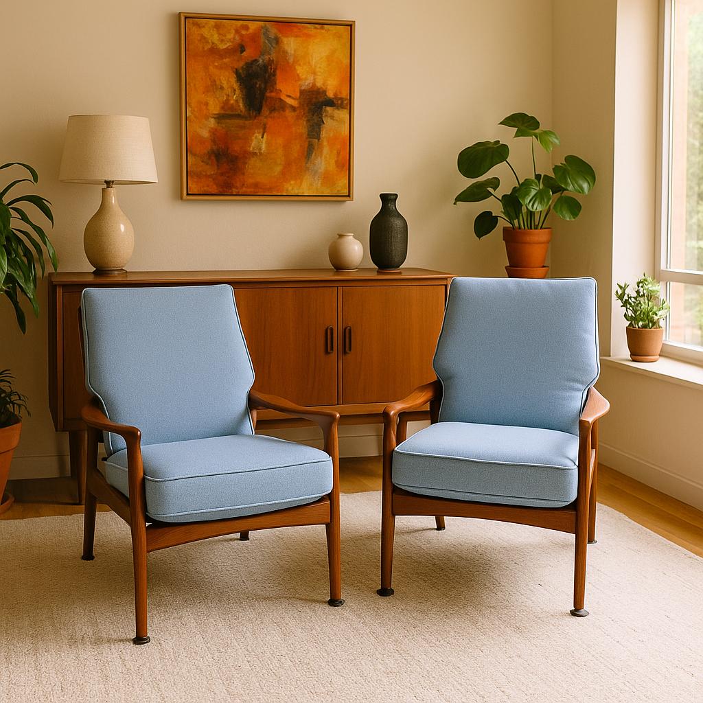 Vintage Midcentury Lounge Chair in Blue Wool By Fred Lowen