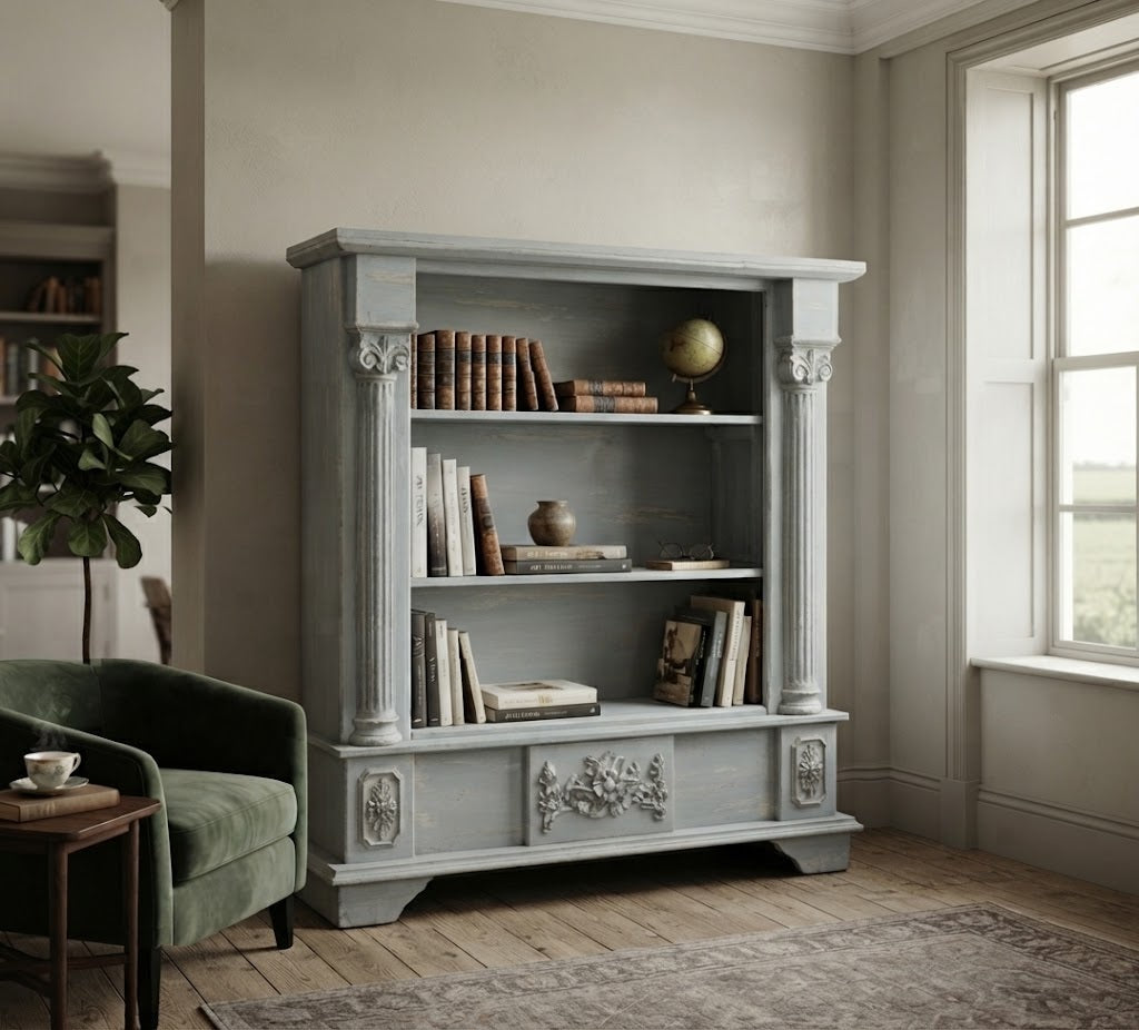 A tall, light gray painted wooden bookcase with decorative columns and carved detailing on the lower panel, styled with books and a globe in a softly lit room with a green armchair and window.