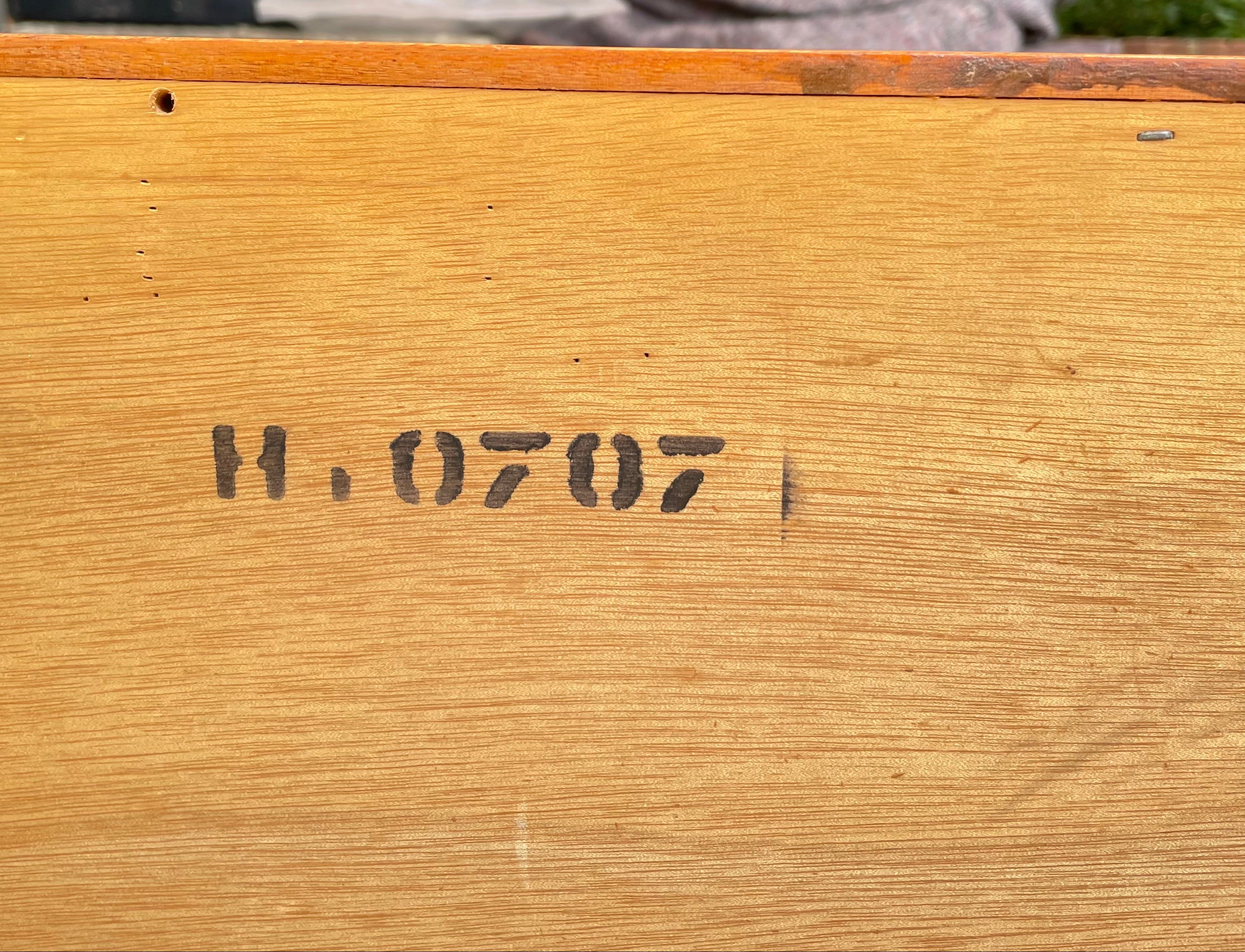 vintage mid-century oak 3 drawer chest of drawers, close up of original batch no