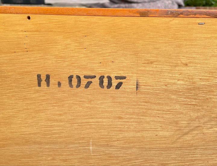 vintage mid-century oak 3 drawer chest of drawers, close up of original batch no