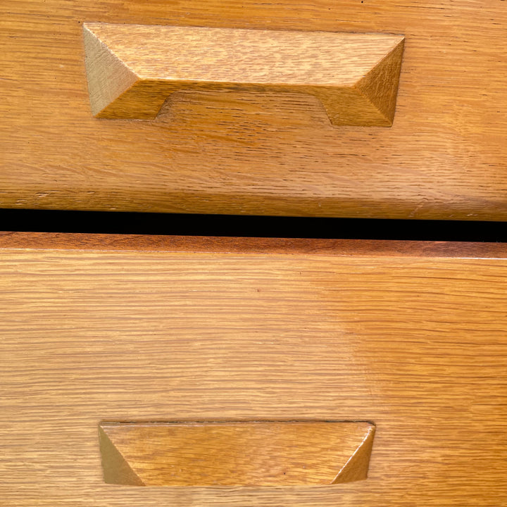 vintage mid century oak 3 drawer chest of drawers close up of drawer handles
