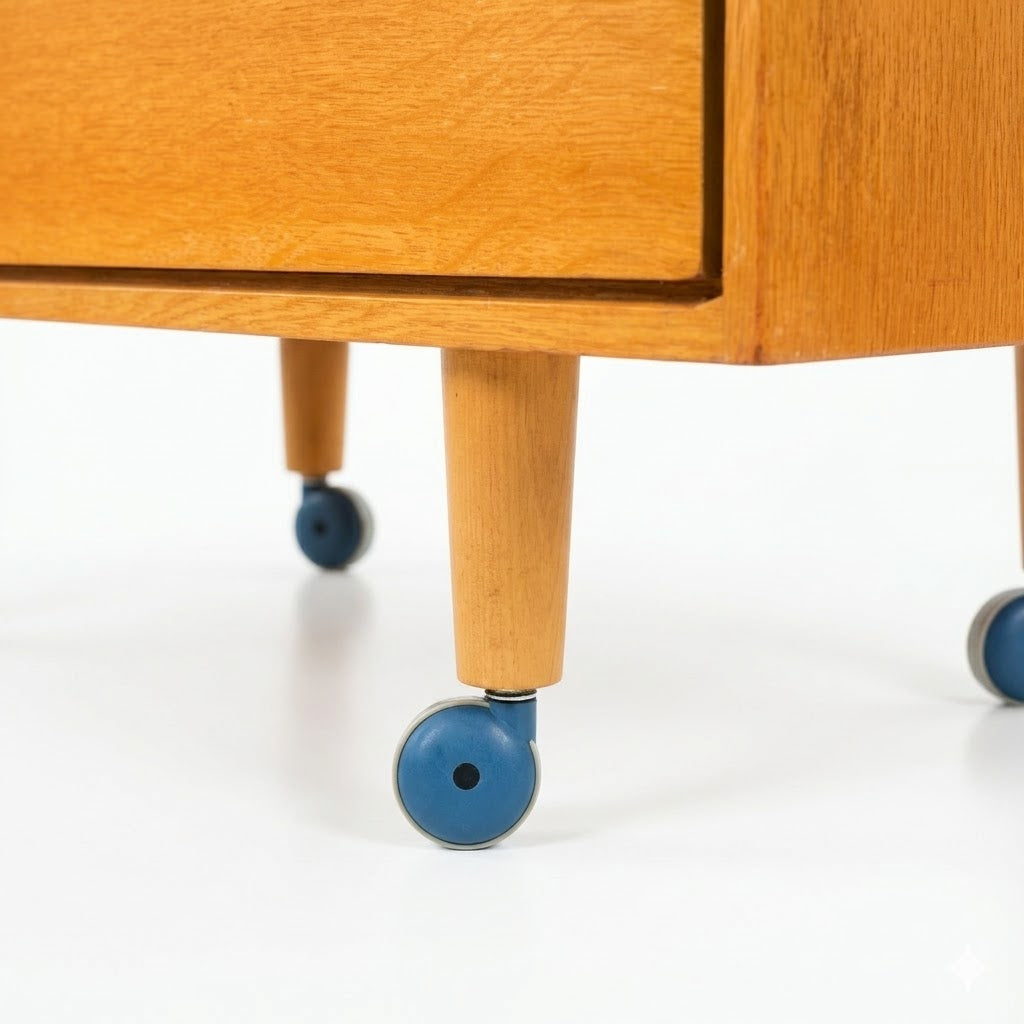 vintage mid-century oak 3 drawer chest of drawers, close up of blue casters
