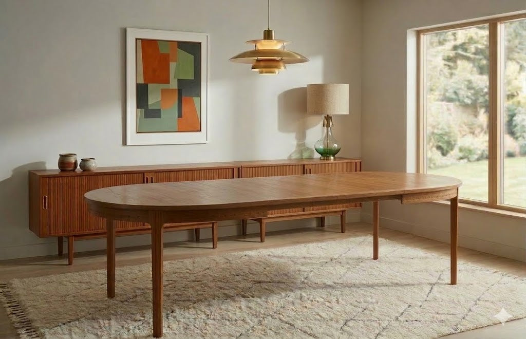 Mid century Troeds dining table extendable in room setting