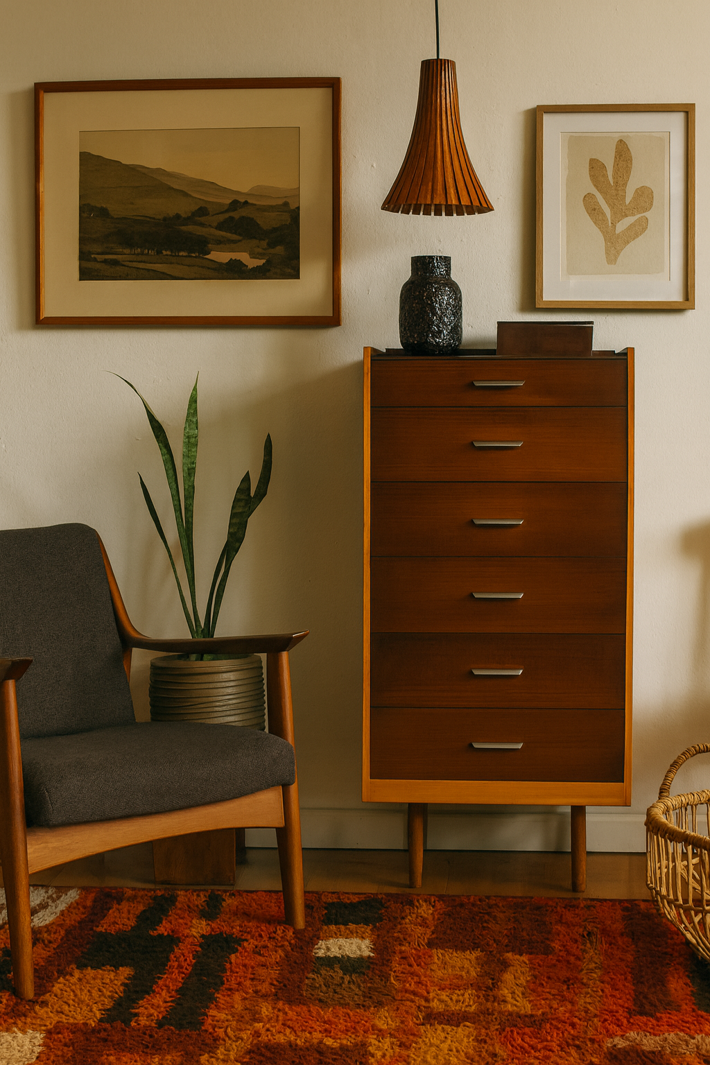 Stag Male Wooden dresser with a chair, plant, and framed pictures in a room setting.