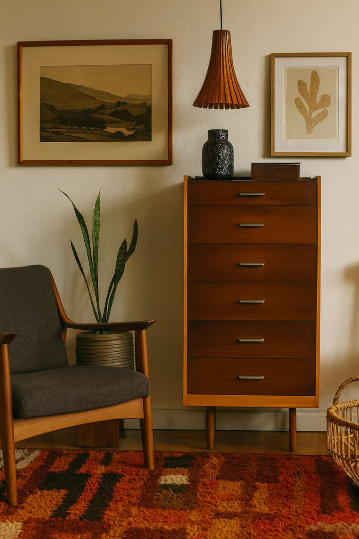 Stag Male Wooden dresser with a chair, plant, and framed pictures in a room setting.