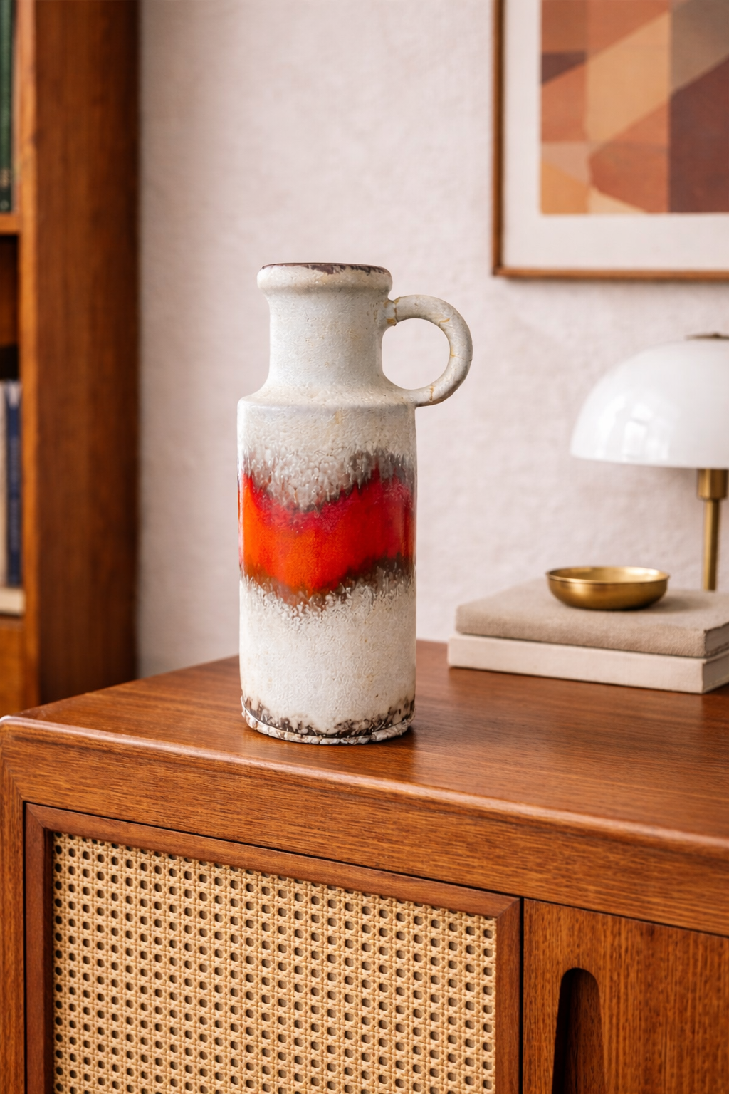 Mid-Century West German Lava Glaze Pottery Vase  Red Flame