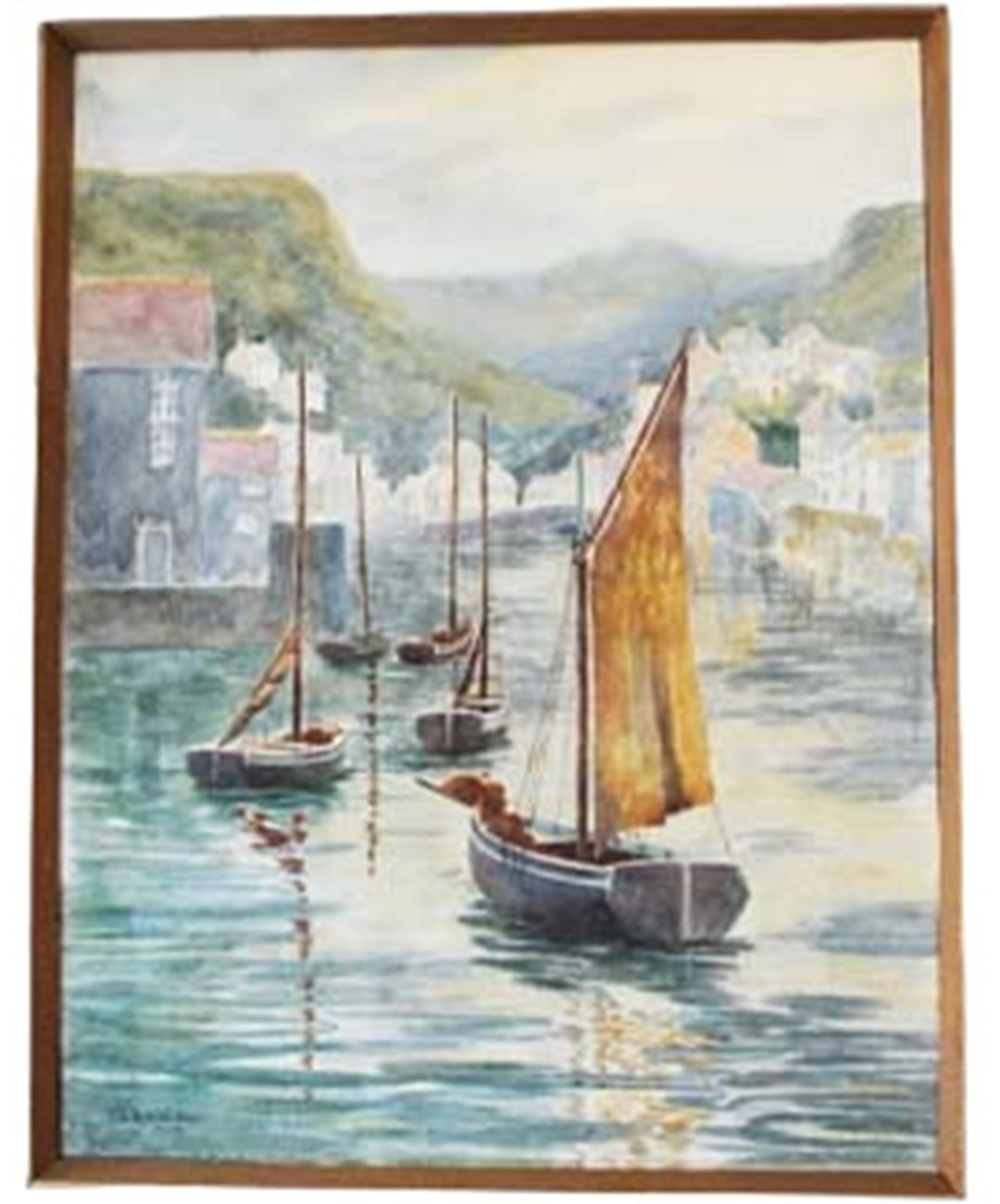 Watercolour of French Lake with Boats and Cottages 1950s